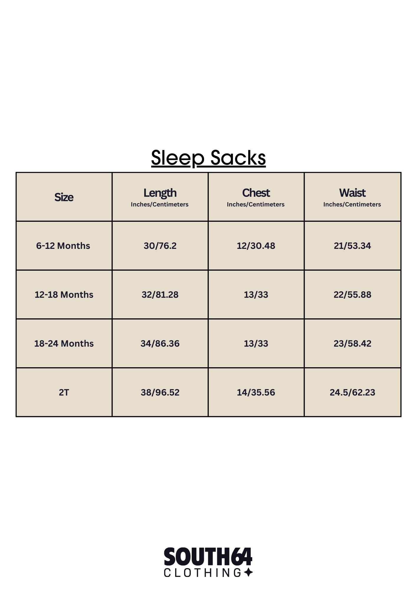 A sizing chart that gives size, length, chest and waist sizes form the product.