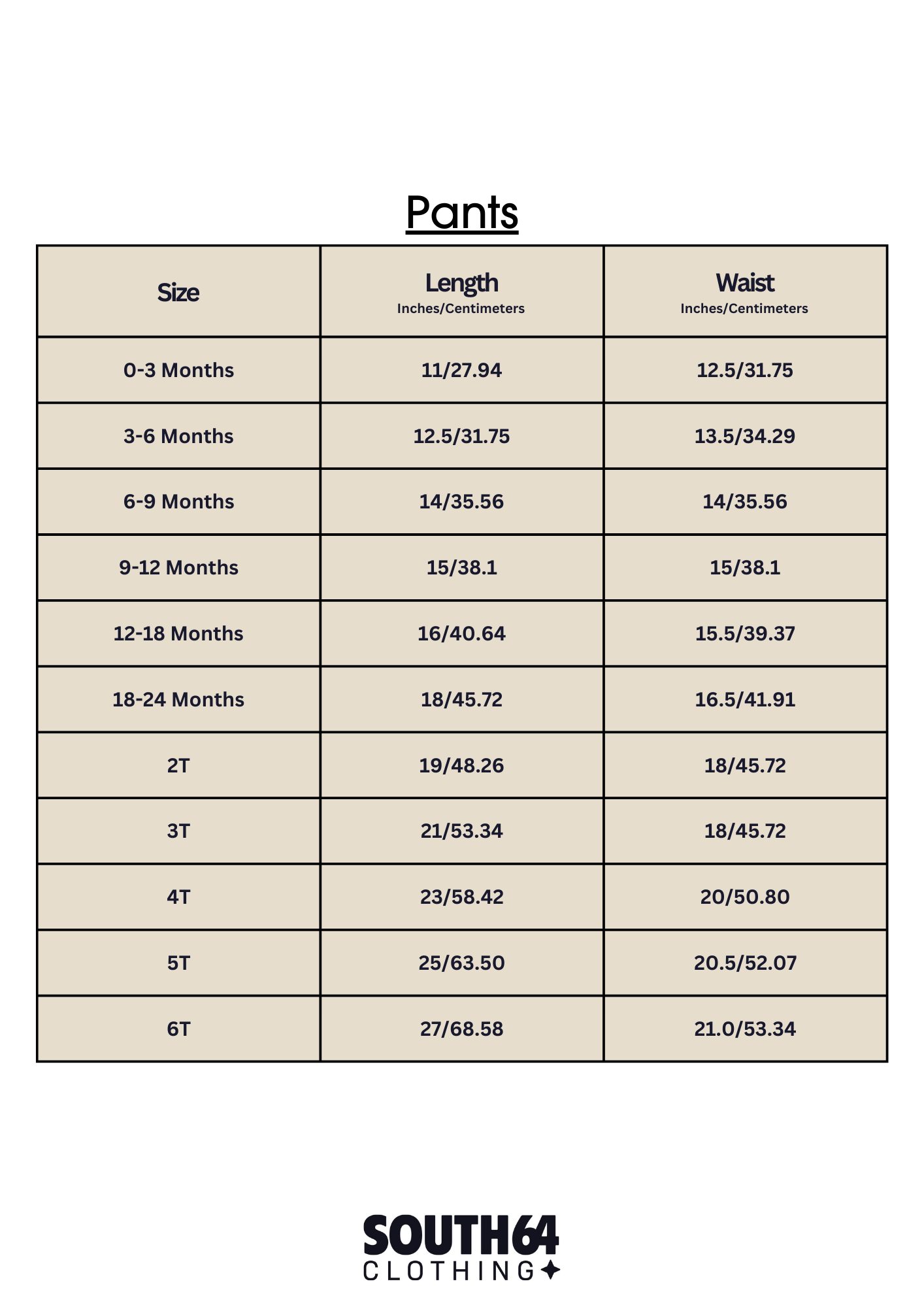 Sizing chart for the Adaptive Pants.